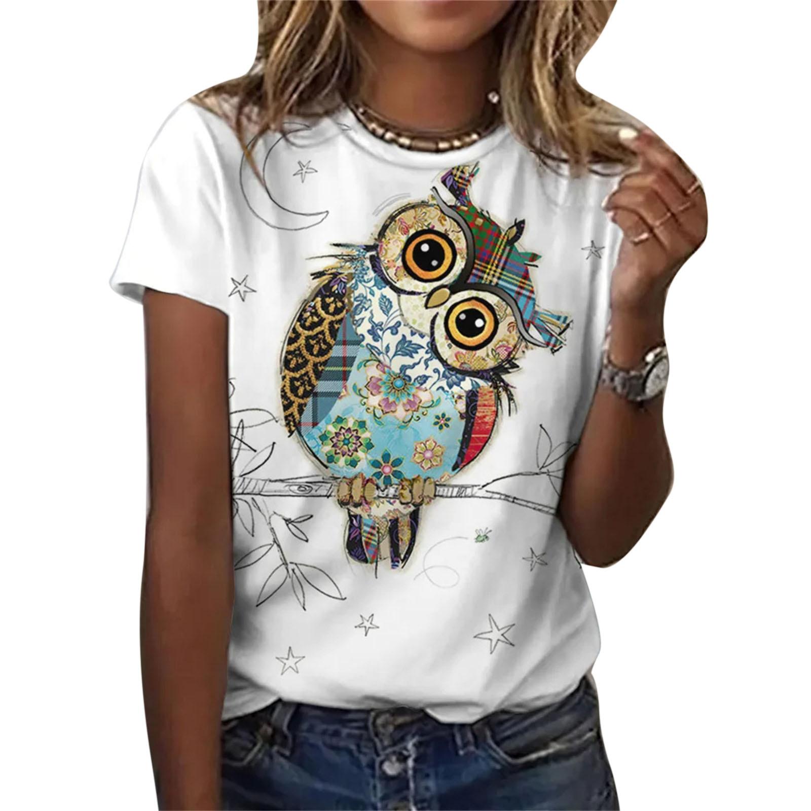 

Летняя футболка с принтом совы для женщин, повседневная с круглым вырезом и коротким рукавом, свободный топ в стиле Харадзюку, женская одежда XL
