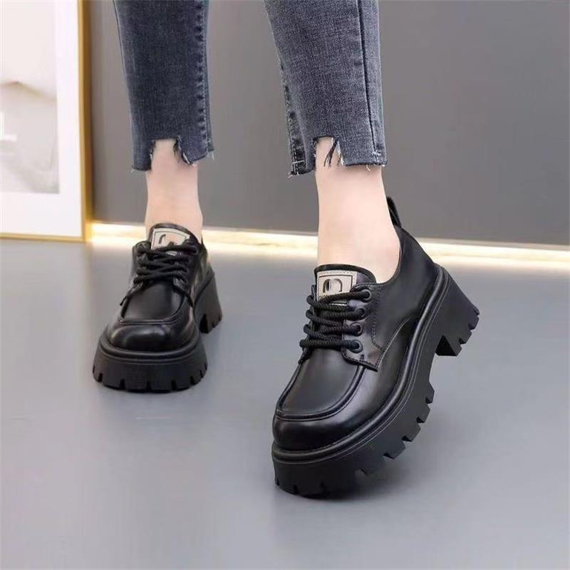 

Women s shoes soft leather British style 2025 new versatile lace-up small leather shoes platform-soled retro loafers thick heel single shoes 40 чёрный