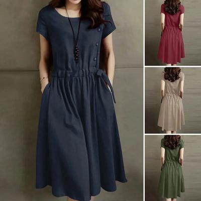 Solid-color Cotton and Linen Dress, Mid-length Lace-up, Waist-cinching, Slimming, and Fashionable Large Skirt