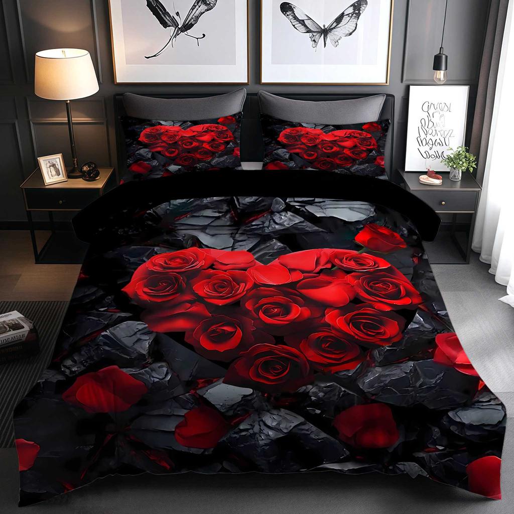 Three-Piece Rose Quilt Cover 3D Digital Printing Nordic Style Grinding