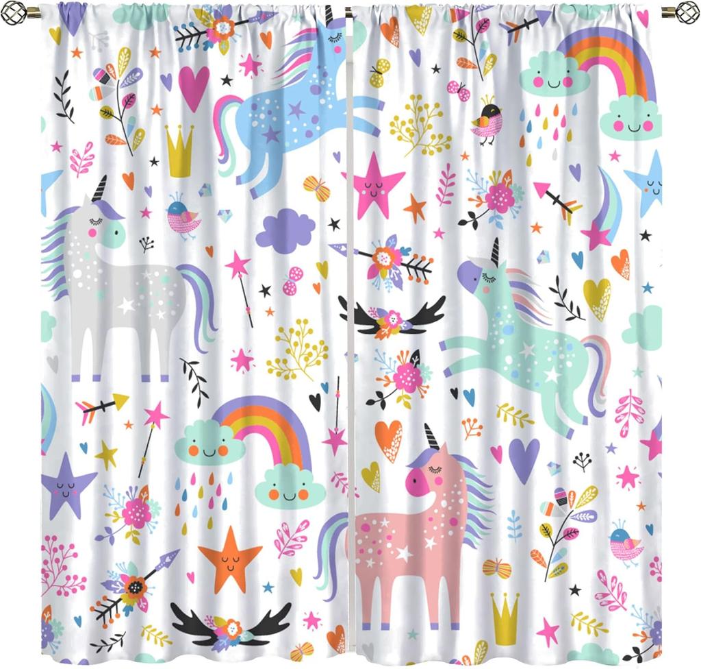 Purple Unicorn Curtains Girls Fantasy Mystery Fairytale Clouds Stars Magic Unicorns Window Drapes Kids Nursery Made Of Polyester