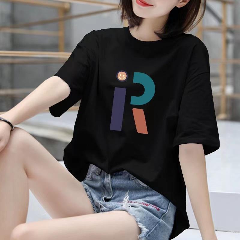 

2025 лето новый большой размер круглый вырез модная розовая футболка с принтом парный топ хлопок футболка с коротким рукавом женская инс S