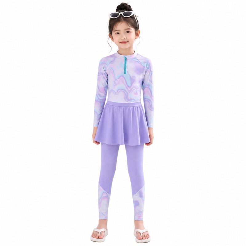 Girls Long Sleeve UPF 50 Sun Protection Swimsuit With Skirted Bottoms Swimming Beach Water Activities
