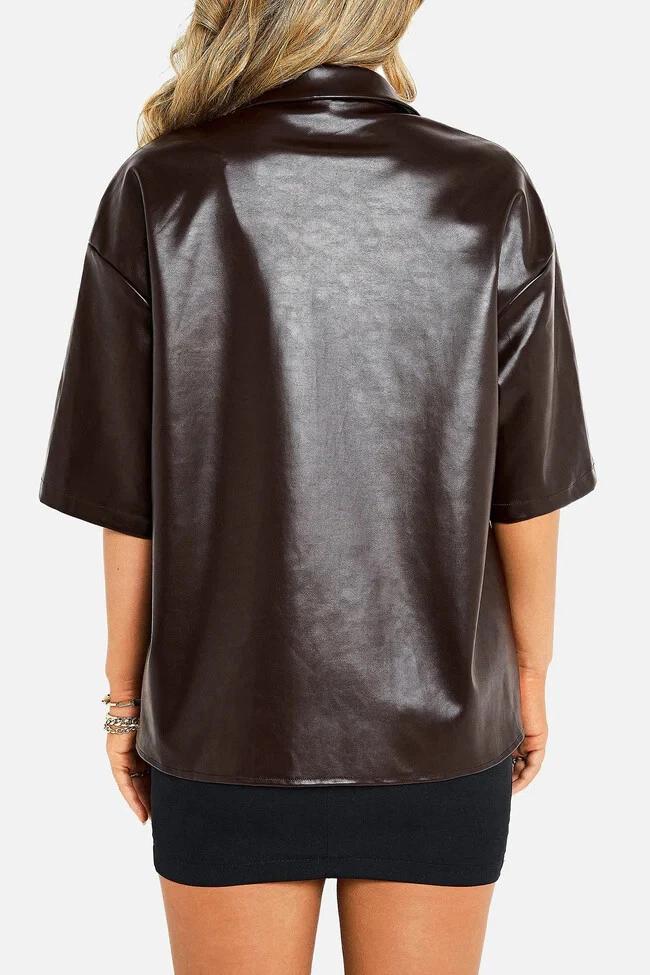 Genuine Women Shirt Real Lambskin Leather Handmade Formal Stylish Casual Brown