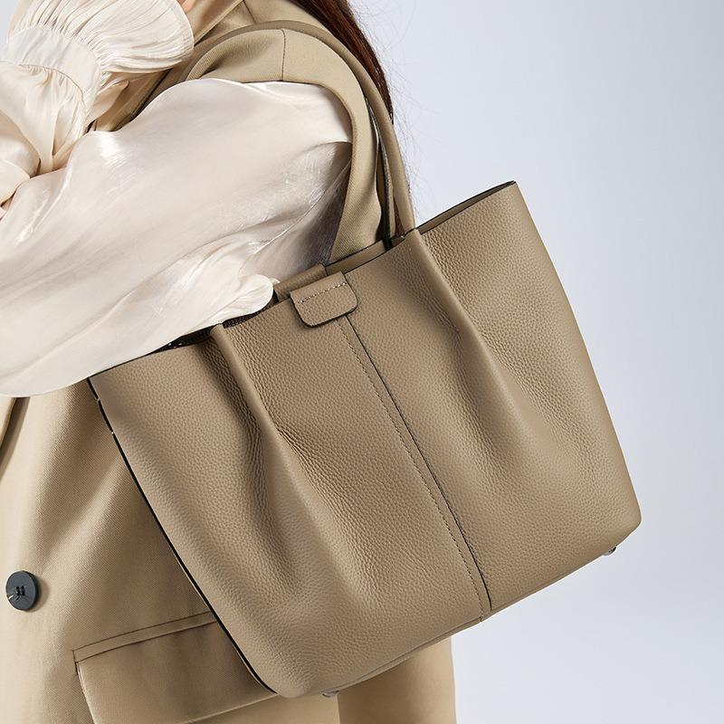 New pleated handbag versatile first-layer cowhide shoulder bag casual messenger bag soft leather tote bag women