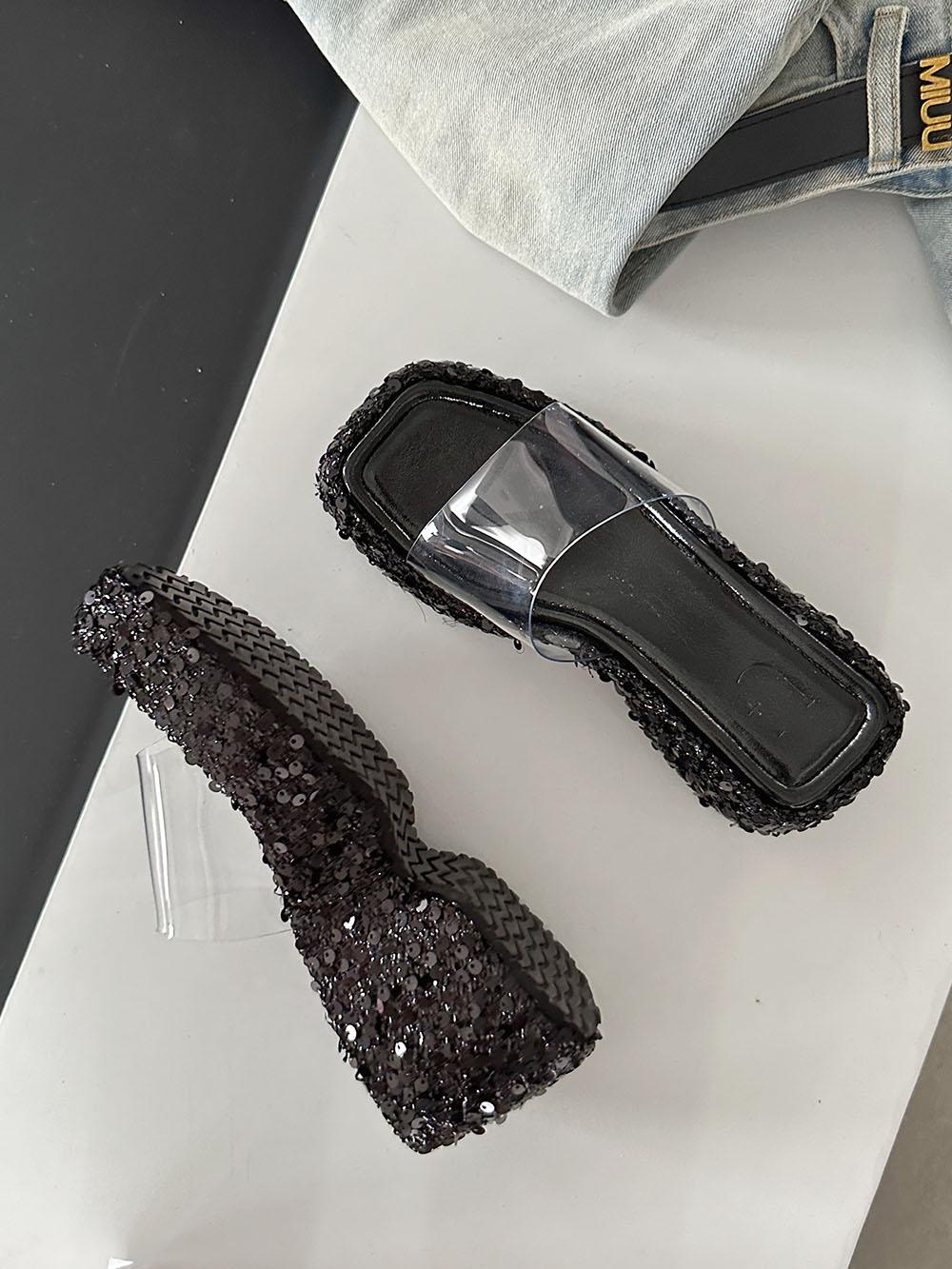 

мода Мода Женские тапочки Лето Улица Вечеринка Туфли на танкетке Высокий каблук Серебристый Розовый Черный Стразы Блестящие Сандалии Тапочки Размер 39 7.5 чёрный