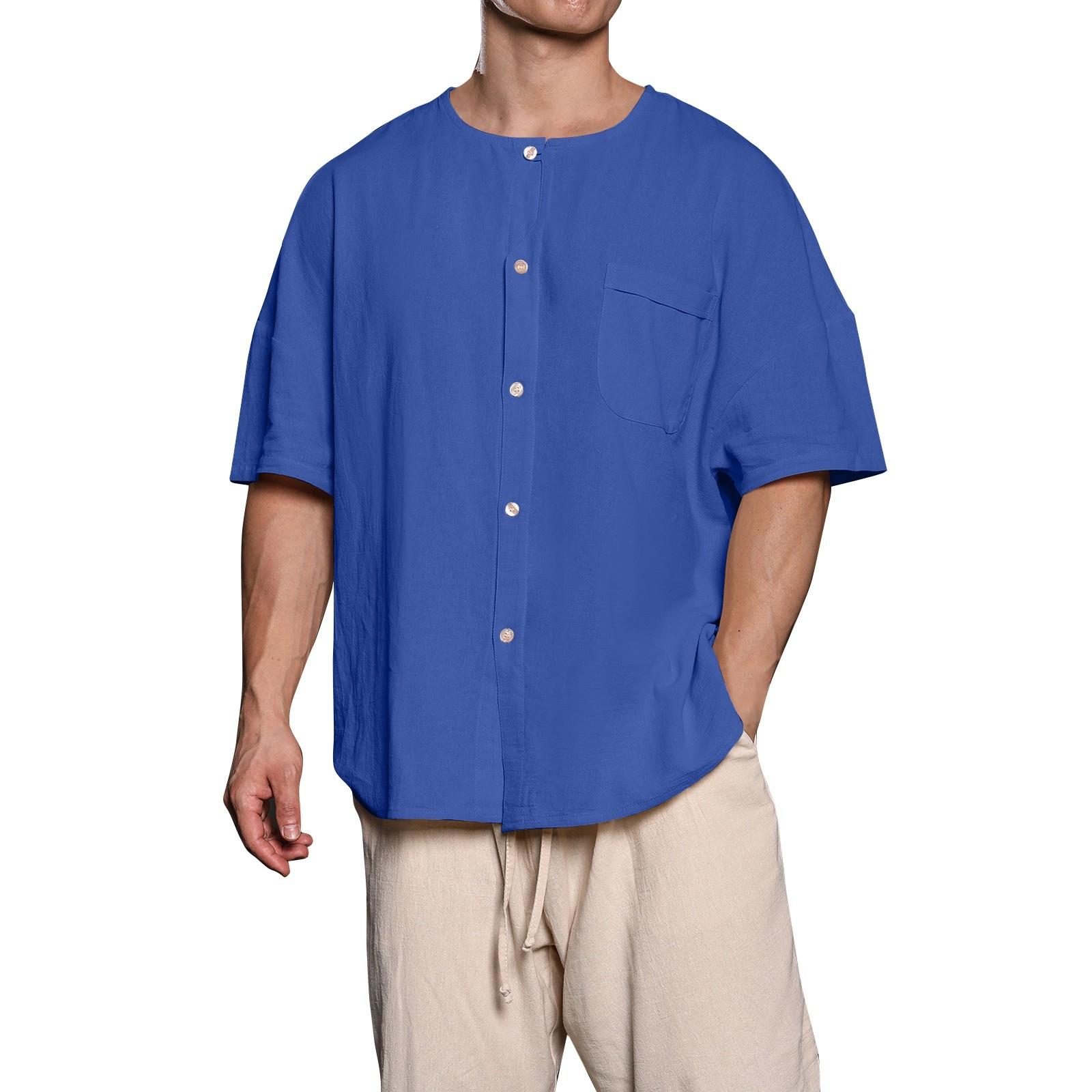 

Мужская однотонная рубашка без воротника с карманами из хлопка и льна с коротким рукавом на пуговицах L