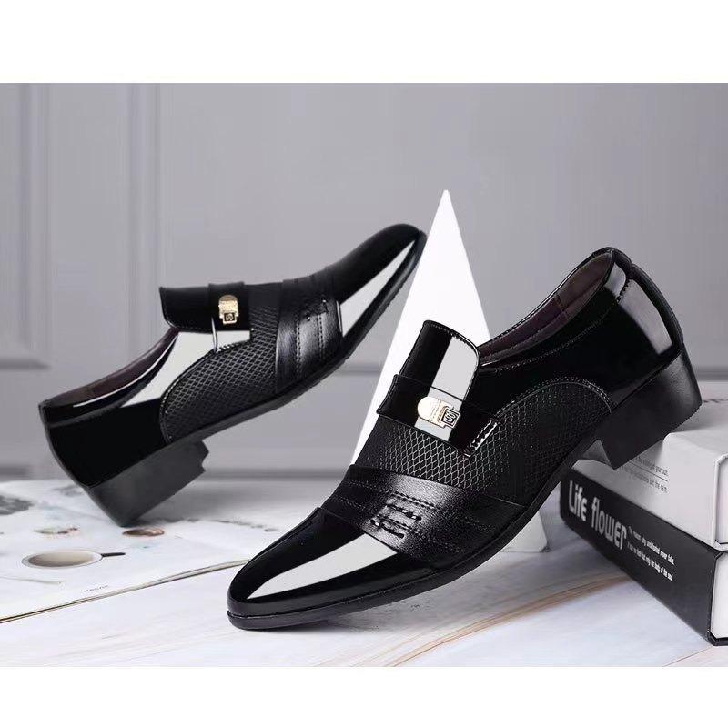 New men's shoes glossy leather shoes men's casual shoes business dress shoes large size metal versatile shoes
