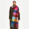 Long Plaid Wool Scarf Mohair Women Cape Elegant Rainbow Tassel Shawl  Student