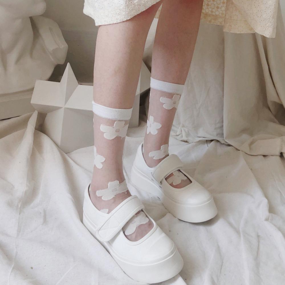 New Korean Version Crystal Silk Ins Hyunya Style Flower Medium Tube Socks Crystal Glass Silk Love Stacking Socks Thin Socks