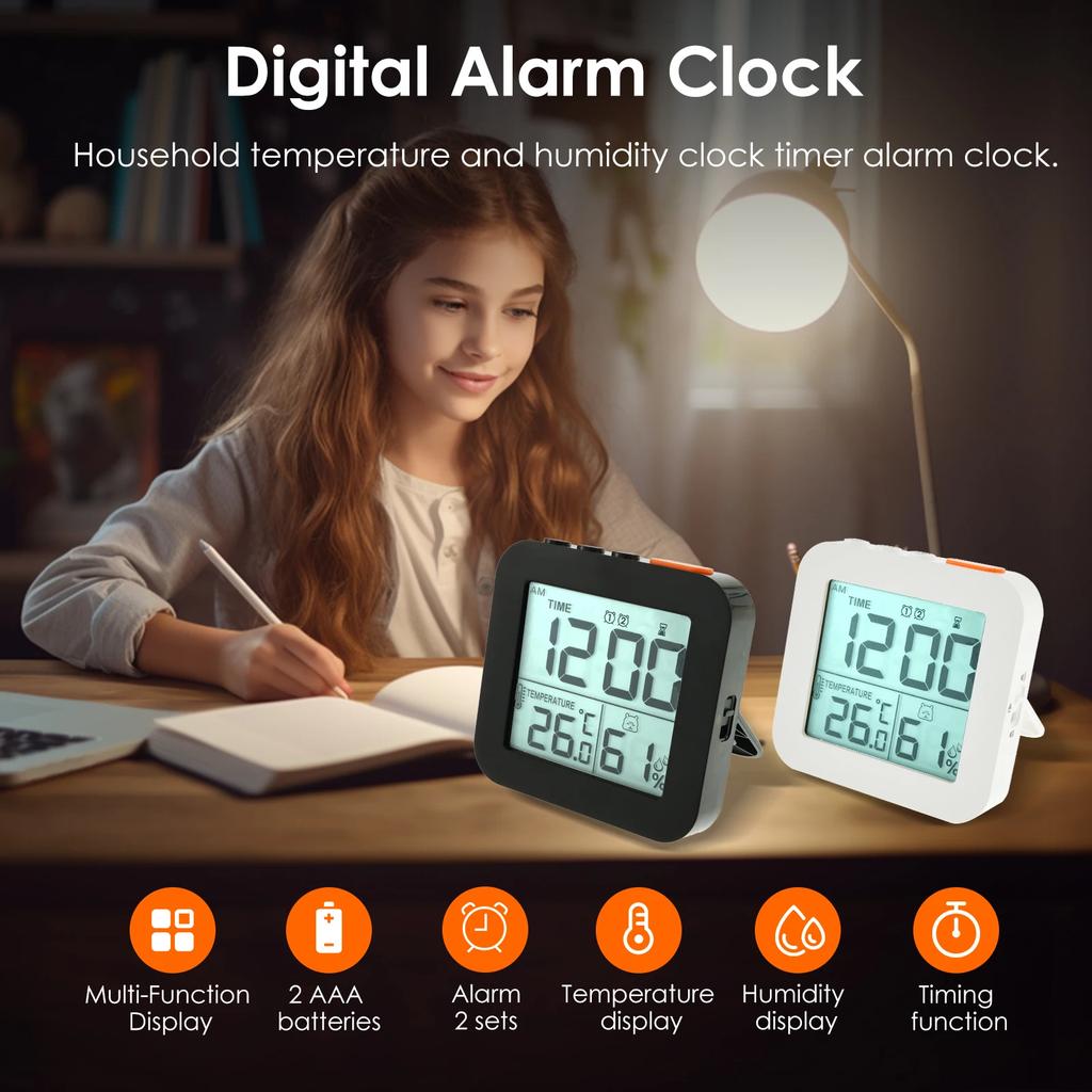 Digital Alarm Clock with 2 Bells Temperature Humidity Backlight Night Light Snooze 12/24H Battery room decoration