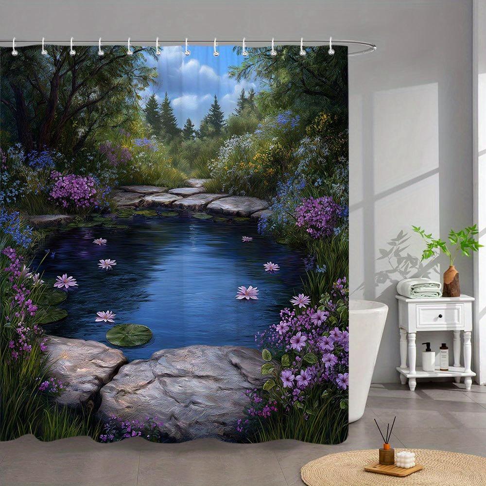 

1Pc Extra Large Bathroom Shower Curtain - Realistic For Lotus Pond Scene With Pink For Lotus Flowers, Green Lily Pads, Gray Rock W60H190(CM)-1 Pcs