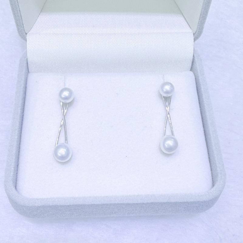 5-9mm Round Lustrous Double Pearl Sterling Silver Drop Earrings - Fishtail & Floral Style Studs Sterling Silver