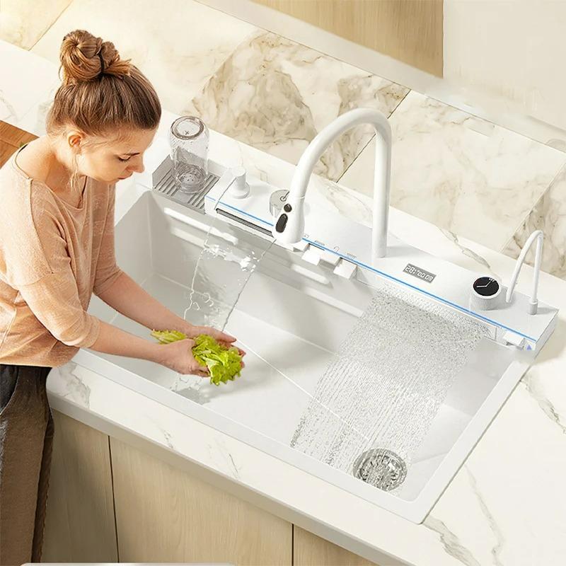 Nano Multifunctional Kitchen Sink Large Single Slot Integrated Digital Display Waterfall Faucet Soap Dispenser Cup Washer Pure