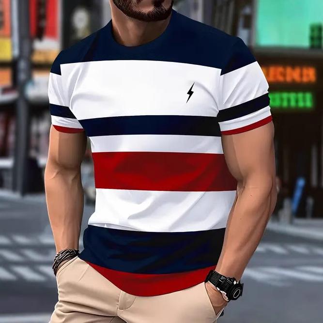 Summer Round Neck 3D Color block Print Top Fashionable Casual Short Sleeved Men's T-shirts