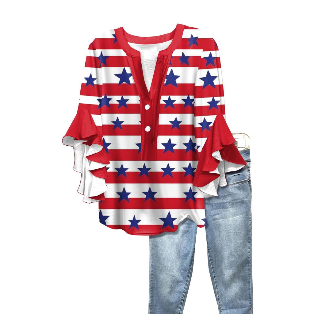Summer Women's Tops V Neck Seven Sleeve Shirt Independence Day Printed Tops Casual Shirt