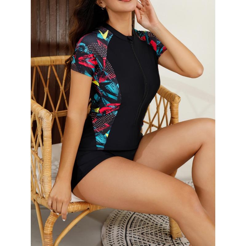 Women's Abstract Print Front Zip Short Sleeve One-Piece Swimsuit