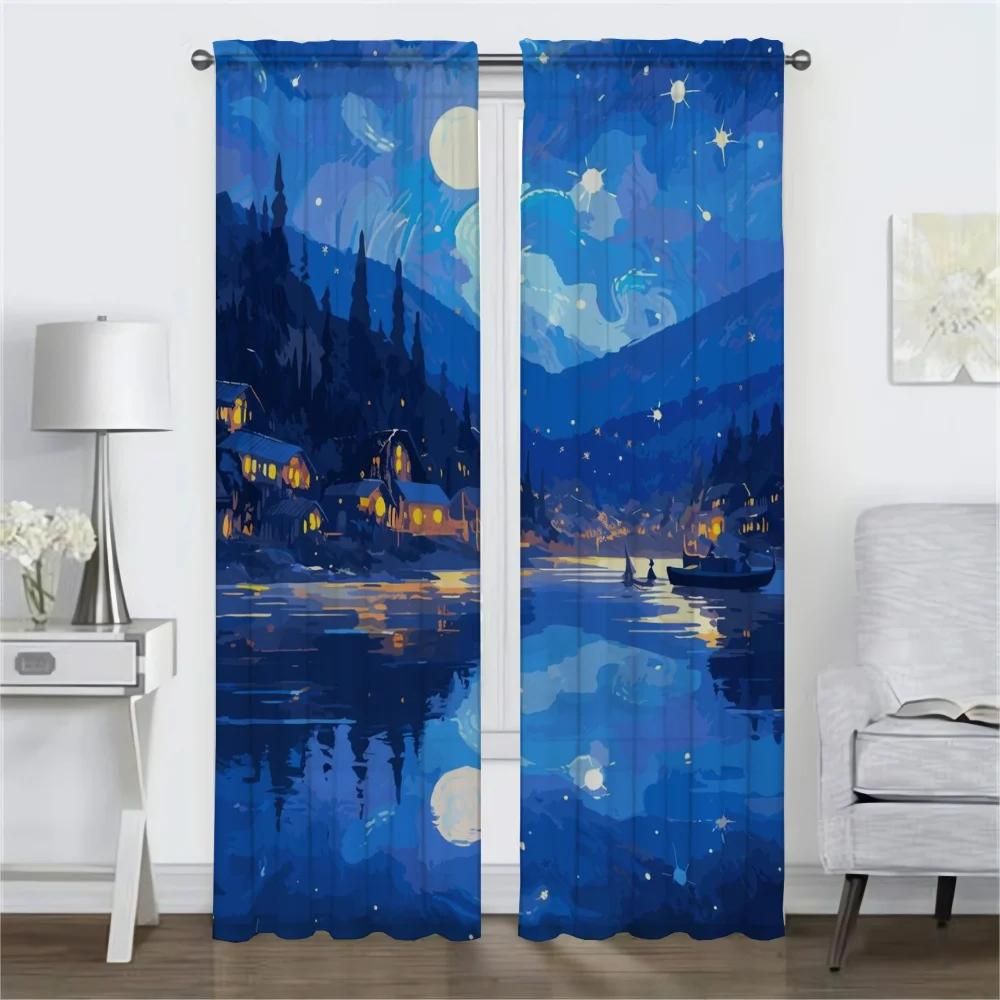 Sky and Ocean Elegant Room Curtains 2 Pieces Tulle for Bedroom Shades Halloween Decoration Living Room Curtain Partition Kitchen