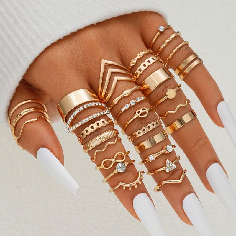 Vintage Gold Color Heart Rings Set For Women Men Fashion Hollow Star Pearl Crystal Geometric Rings Trendy Finger Jewelry Gifts