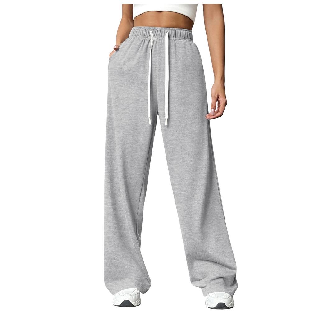 Women New Elastic Waist Pants with Side Pockets Fleece Lined Thick Wide Leg Sweatpants Pure Color Straight Cut