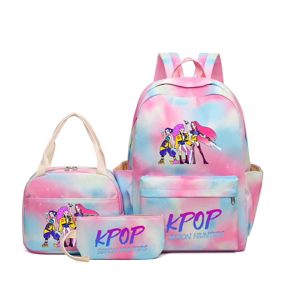 Demon Hunters Three-Piece Children'S School Bag Large Capacity 3D Digital Color Printing Kindergarten School Bag Meal Bag Pencil Bag
