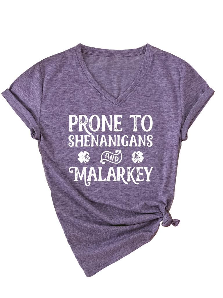 Fashionable and Versatile Prone To Shenanigans Printed Top V-neck Short Sleeved Women's T-shirts