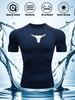 Mens Navy Blue Compression Short Sleeve T-Shirt White Bull Skull Graphic Quick Dry Breathable High Elasticity Gym Workout And MMA Athletic Top