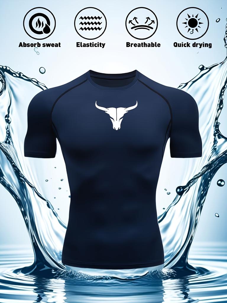 Mens Navy Blue Compression Short Sleeve T-Shirt White Bull Skull Graphic Quick Dry Breathable High Elasticity Gym Workout And MMA Athletic Top