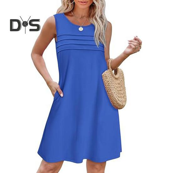 Sommerliches Westenkleid mit Seitentaschen, ärmellos, Rundhalsausschnitt, A-Linie, einfarbig, lockeres Minikleid, plissiertes kurzes Kleid für Reisen, Dating, Arbeit