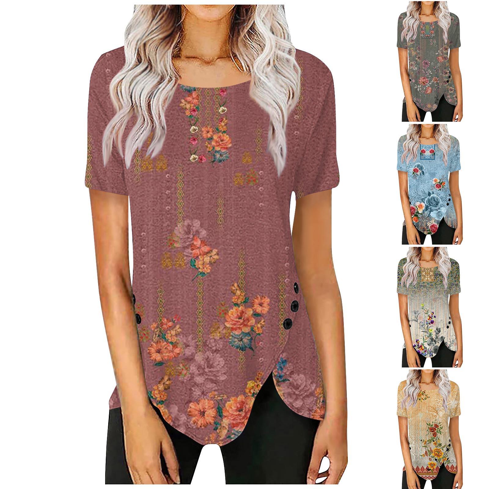 

Женская туника с коротким рукавом Свободные топы Повседневные топы больших размеров Плиссированная туника на пуговицах Повседневные летние футболки Женские топы Нарядные рубашки