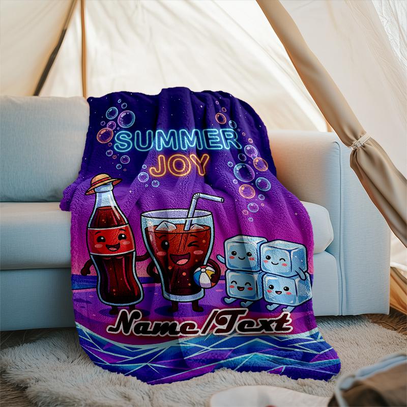 1PC Custom Name Summer Joy Drink Outdooor Flannel Blankets Throw Blanket All-Season Throw Gift Bedspread for Couch, Bed, Camping Holiday Birthda