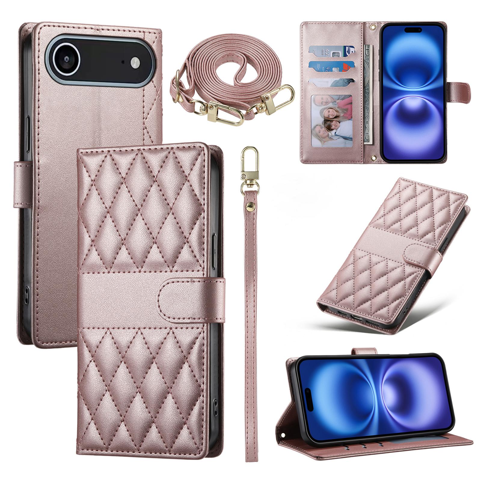 

For iPhone 17 Air Case Rhombus Stitching Wallet Stand Leather Phone Cover with Long/Short Strap Rose Gold