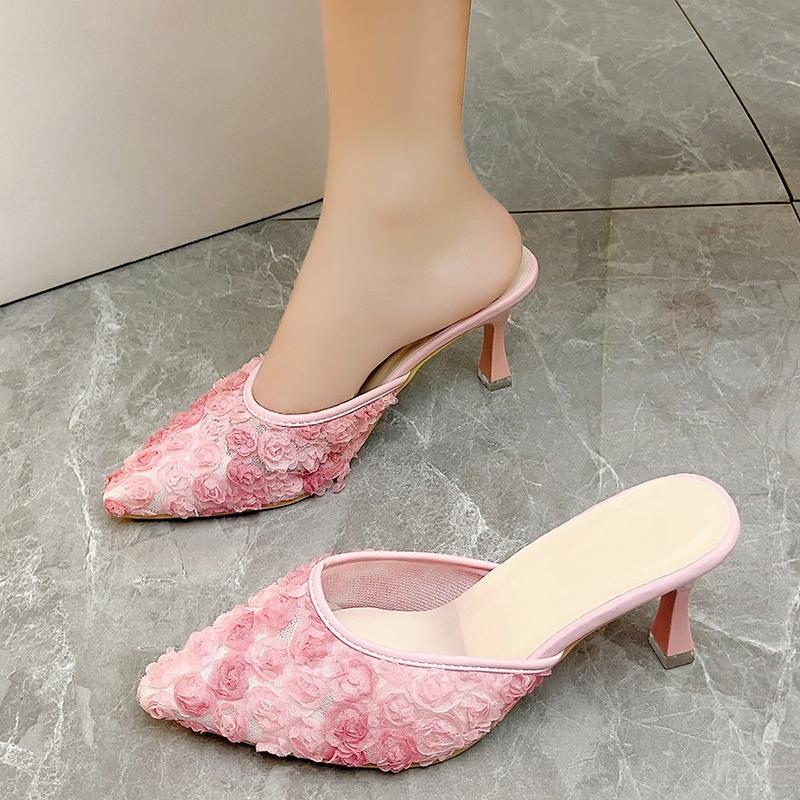 Fashion Temperament Baotou Slippers Summer New Pointed Toe Shallow Mouth Flower Slip-on Non-slip Wear-resistant Stiletto High Heels