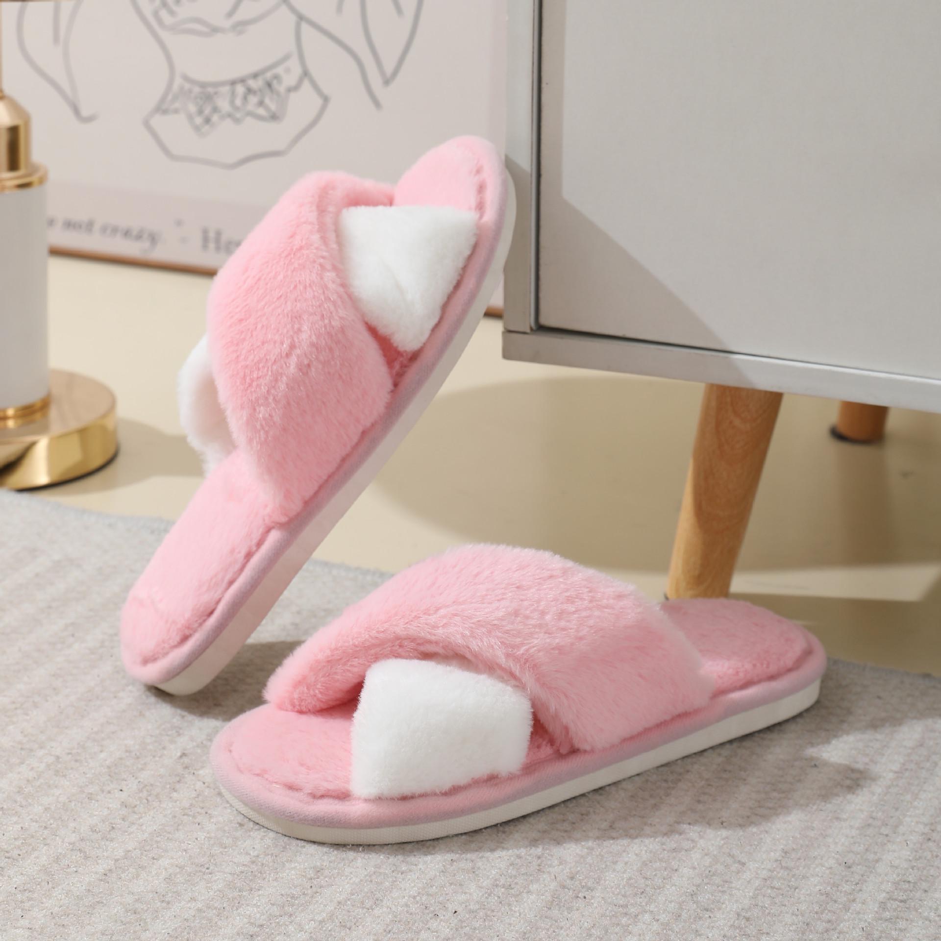 Fluffy Cross Strap Color Block Floor Slippers - Stylish & Warm for Spring and Autumn 38-39 розовый