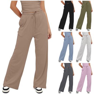 Womens Smocked High Waist Slant Pocket Straight Summer Lightweight Pants
