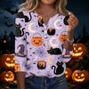 Womens Casual Halloween Print V Neck Button Up Three Quarter Sleeve T Shirt Top with Pumpkin and Pattern for Holiday
