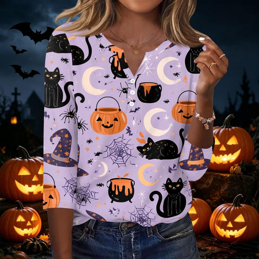 Womens Casual Halloween Print V Neck Button Up Three Quarter Sleeve T Shirt Top with Pumpkin and Pattern for Holiday