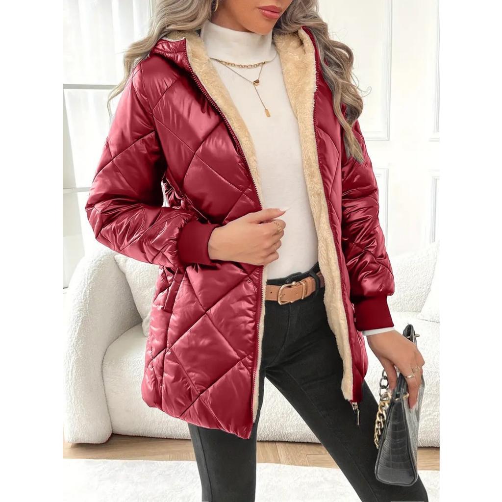 Women's Diamond Quilted Hooded Puffer Jacket Long Sleeve Winter Warm Coat