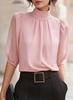High Neck Puff Sleeve Mesh Blouse Three Quarter Sleeve Semi Sheer Lightweight Top for Women Office Casual Wear