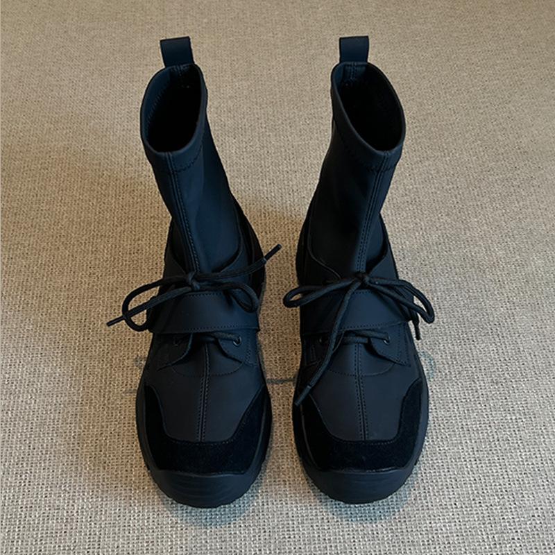 Cowhide version~ Functional wind sports thick-soled strap elastic socks boots Korean version elastic thin boots black short boots women
