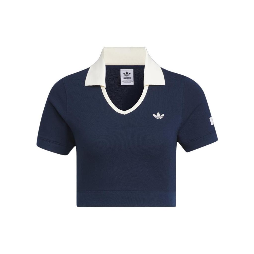 Adidas Originals X Notitle FW23 Contrast V-Neck Crop Polo Shirt Women Tops Blue IN1083