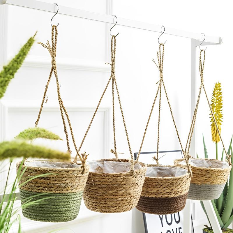 Stroh Hängender Korb Hanfseil Geflochtene Blumenkörbe Topfpflanzen Blumentöpfe