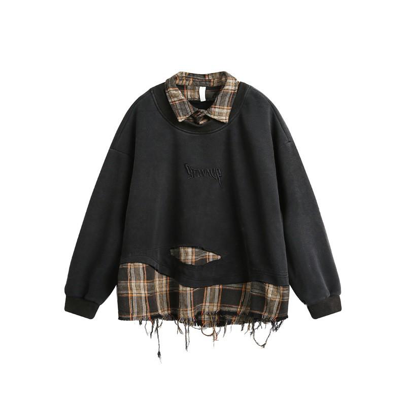 Unisex Oversized Plaid Patchwork Distressed Turn-Down Collar Hoodie Fall Casual Streetwear