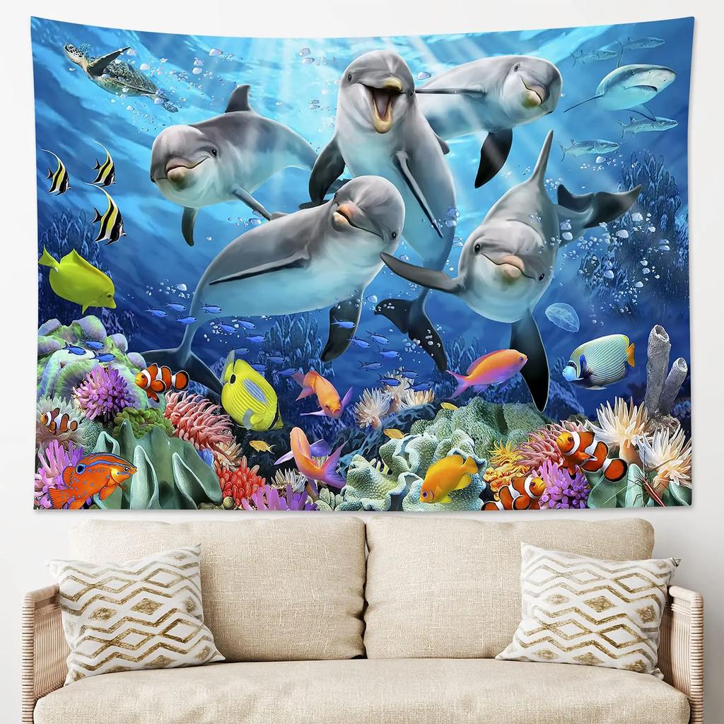 Ocean Dolphin Tapestry Underwater World Tapestry Marine Life Tapestry Wall Hanging For Kids Teen Bedroom Dorm Living Room Decor