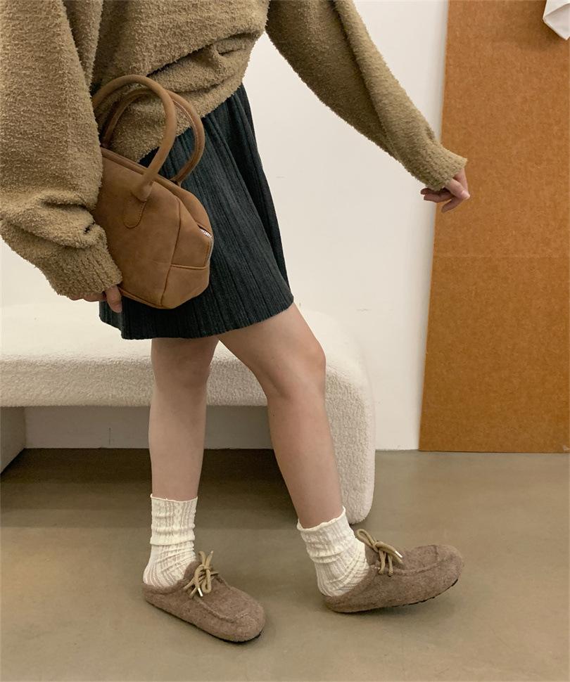Retro Late Evening Wind Velcro Gray Felt Bag Head Half Slippers Women Wear Autumn and Winter Pedal Platform Shoes