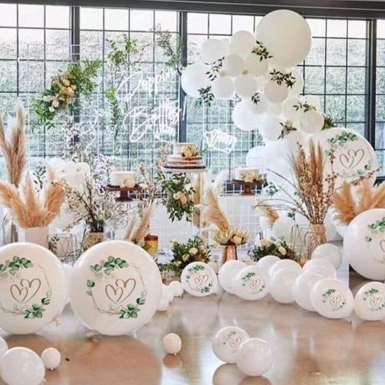 Wedding Balloons 12 Inch White Balloons with Hearts Eucalyptus Prints Romantic Balloons for Wedding Engagement Registry Office Marriage Decoration