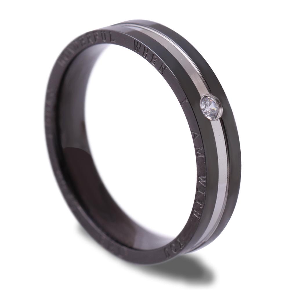 European & American Cross-Border Black Gold Two-Color Engraved Couple Ring with Single Diamond Size 10