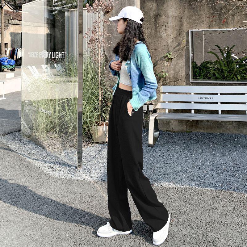 Women's Black High-Waisted Wide-Leg Pants - Spring Casual, Loose-Slimming, Floor-Length, Versatile, Drapey Straight Suit Pants