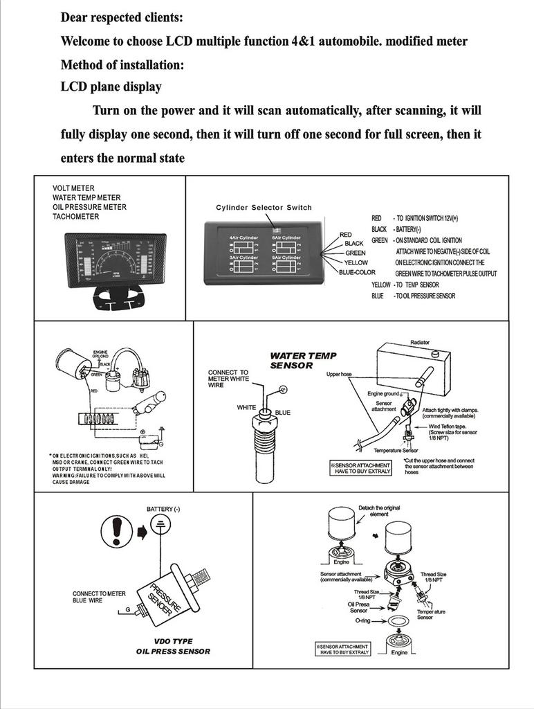5" LCD 4 In1 Racing Gauge VOLT RPM WATER TEMP OIL PRESS PSI and Bar Car Auto Gauge LED Gauge
