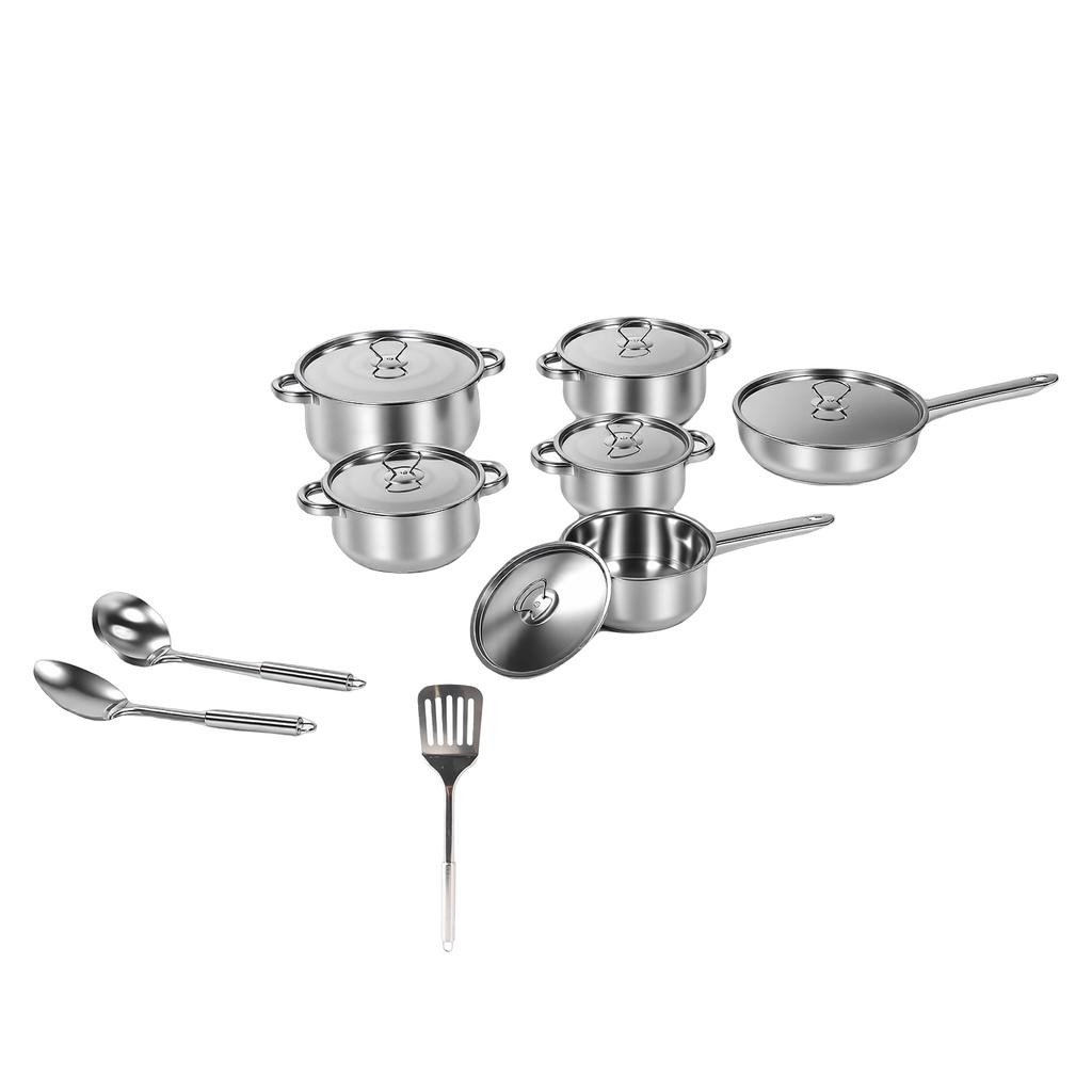 Stainless Steel Cookware Set 4 Soup Pots 2 Pans 1 Spatula 2 Spoons Kitchen Cooking Set for Home